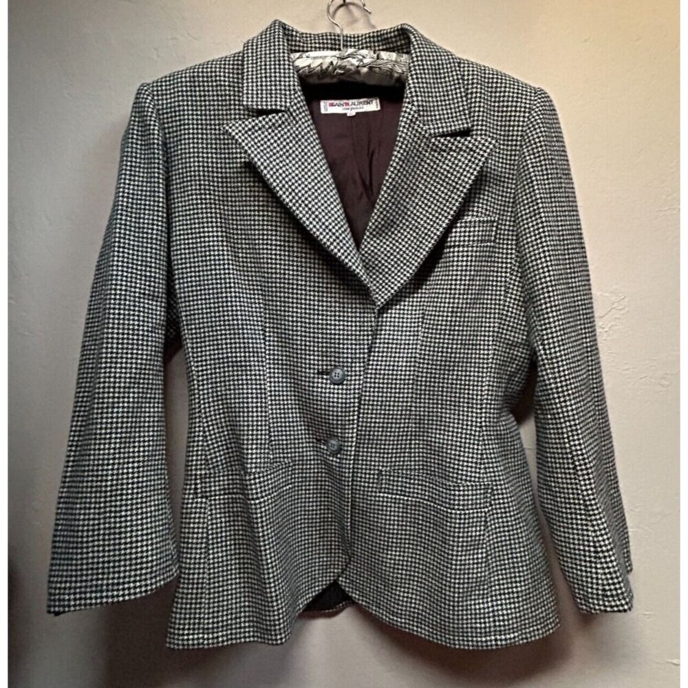Saint Laurent Rive Gauche Womens Houndstooth Button-Up Blazer Jacket Sz 42 Black